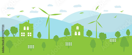 Ecological town concept and environment conservation. Renewable energy with a wind generators and solar panels.