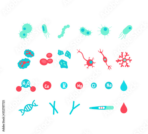 Microbiology flat color vector objects set. Nervous system. Bacteria and probiotic. Virus infection. Hormone for human. Laboratory microorganisms 2D isolated cartoon illustrations on white background