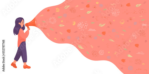 Woman speak into a loudspeaker and beautiful flowers take off from it. Girl with amazing voice sings a song. Female speaker on white background.