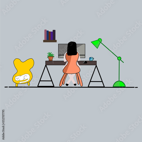 The woman working on computer at home.Home office in Covid-19 crisis.Vector flat style self employed illustration.