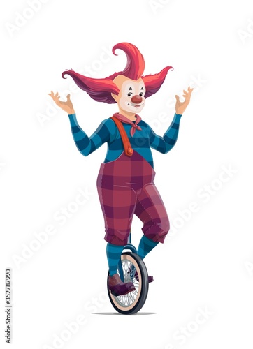 Big top circus cartoon clown on monocycle isolated vector icon. Smiling joker with crazy hairstyle in pants on suspenders and striped stockings. Jester performer, shapito circus clown entertainer