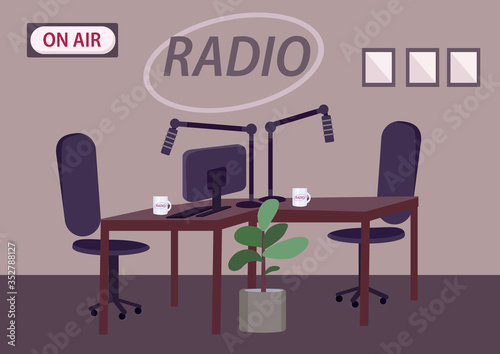 Empty radio studio flat color vector illustration. Professional radio station room 2D cartoon interior with on air sign on background. Podcast production place with tables and microphones