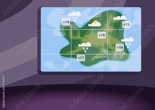 Weather forecast studio flat color vector illustration. Empty meteo news studio 2D cartoon interior with atmospheric precipitation map on background. Regional meteorological condition prediction
