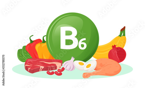 Vitamin B6 food sources cartoon vector illustration. Bell pepper, bananas, meat healthy products. Eggs, garlic, pomegranate flat color object. Good nutrition isolated on white background