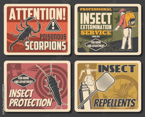 Insects extermination service, pest control and house disinsection. Vector centipede, scorpion and spider, fly, moth and bug fumigation. Domestic disinfestation and pest control vintage retro posters