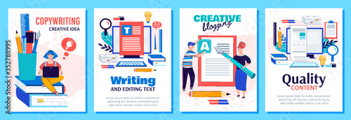 Copywriting and blog content writing poster set - creative blogging and text editing concepts with cartoon people and writer equipment. Vector illustration