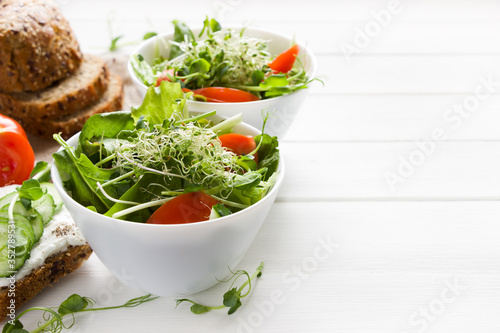 Micro greens salad with tomatoes, cucumber,  leaves mix salad .Healthy food background. Vegan food, diet food, healthy eating concept. Empty space