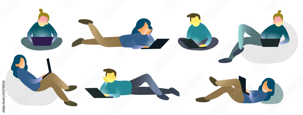 Naklejka premium Colour set of people with laptop. Isolated vector flat illustration of characters with notebook. Collection of office person working at home. Online education, studying indoors.