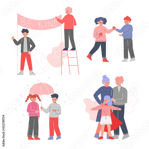 Polite and Kind Kids Set, Children Sharing with their Friends, Protecting Each Other and Their Family, Good Manners Concept Vector Illustration
