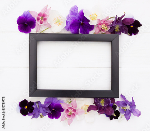 Flowers flat design. Floral composition , black  frame  with violet , purple, pink white  flowers. Template with copy space on white wooden board. Viola , Aquilegia,  Anemone flowers