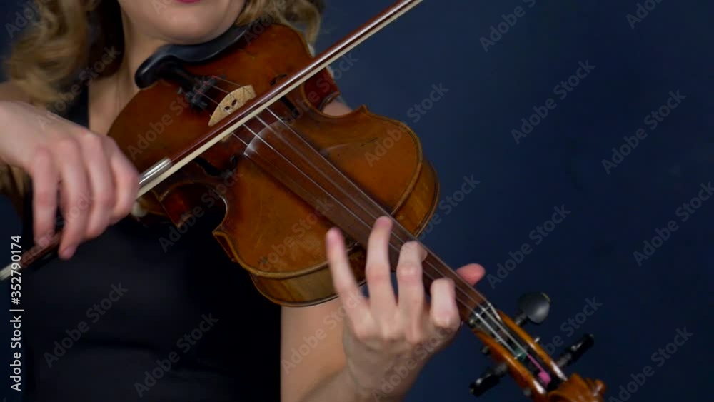 The duo of violinist and double bassist play in a music studio. Male