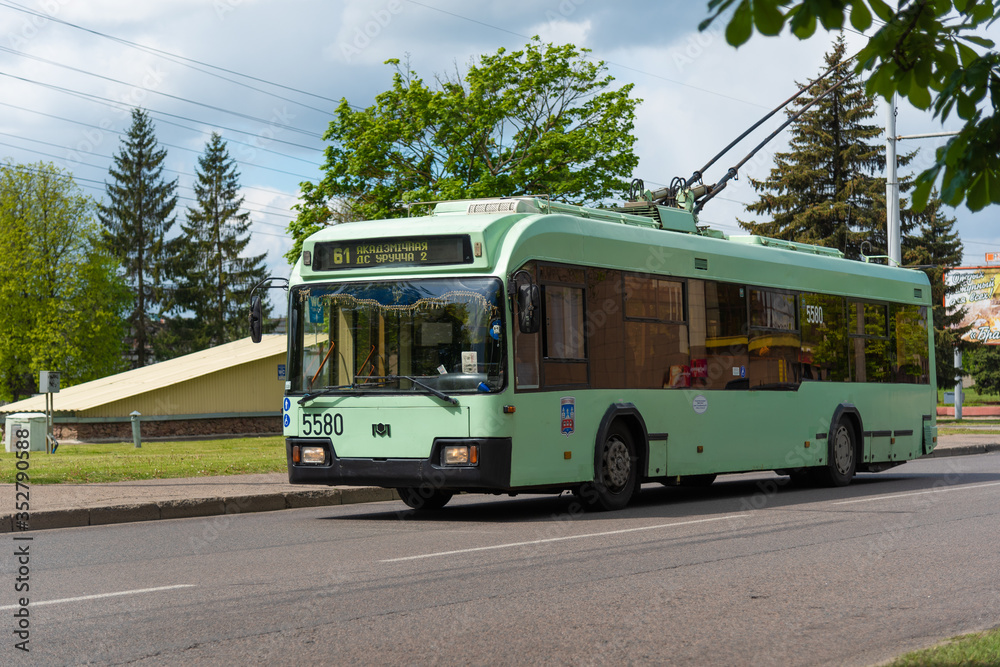 Minsk / Belarus - 05.21.2020: A trolley bus rides along the street. Public transport.