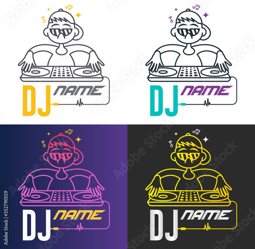 Funny cool vector dj logo. Charismatic disc jockey at the turntable. Music logotype template. For accessory, brand, identity, logotype, company, shop, dj party. Mp3 sign.