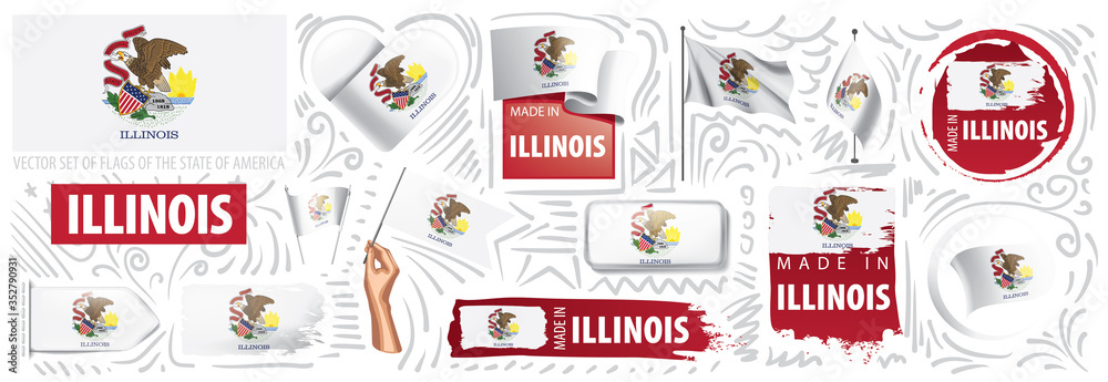Vector set of flags of the American state of Illinois in different designs