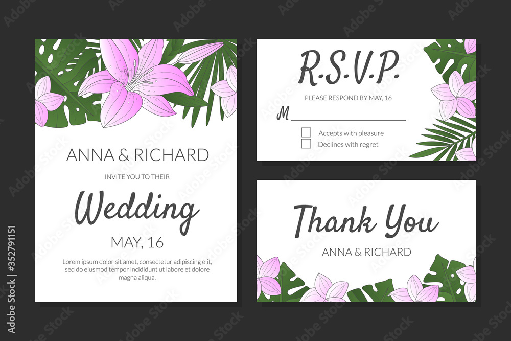 Wedding Invitation, Thank You, Rsvp Card Design Templates with Exotic Green Tropical Leaves and Flowers Vector Illustration