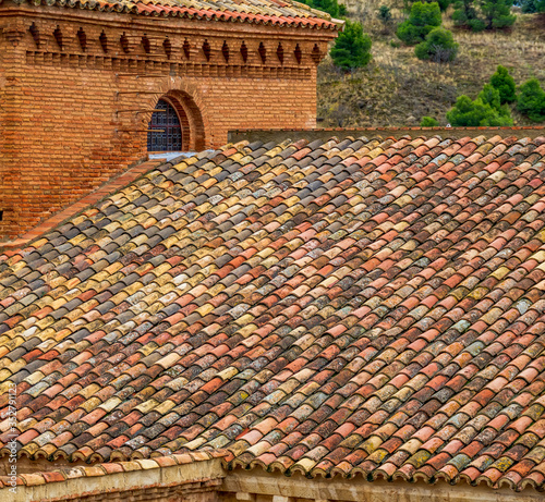 Colorful tile roof rows closeup detailed view