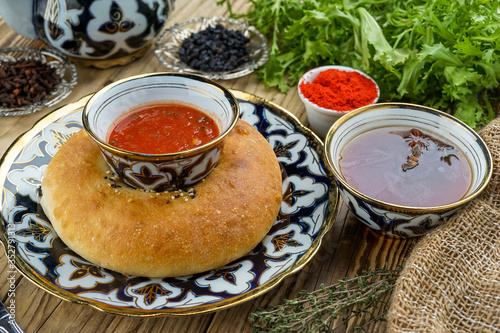 Tomato sauce, bread, pepper appetizer 