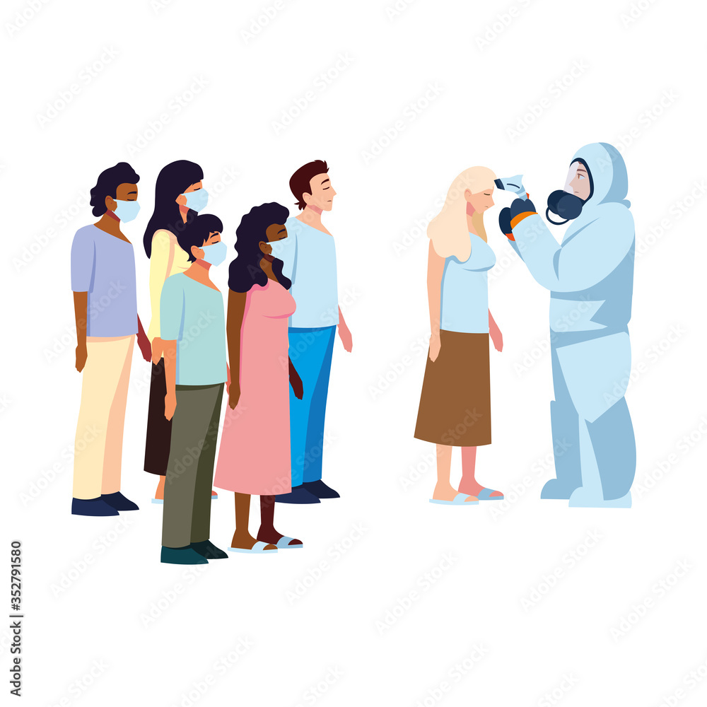 Fototapeta premium Doctor with protective suit and thermometer gun checking people temperature vector design