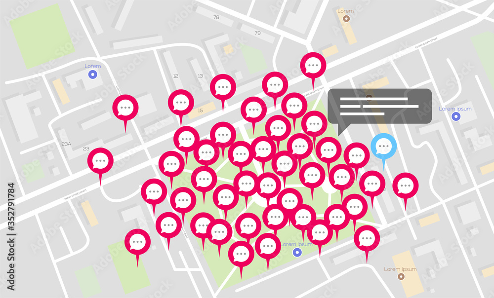 The concept of virtual meetings on the map. Comments or conversations on the map through the application. Protest or global strike over the Internet on a map. Vector illustration