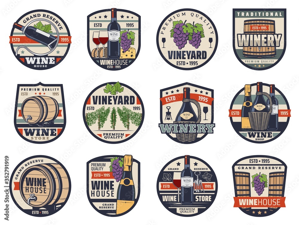 Wine, winemaking and viticulture isolated vector icons. Shop, wine bottles, glasses and grapes, champagne, cheese, bread and vineyard vines. Alcohol drink and food snack, grand reserve labels set