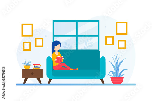 Young Woman Reading Book Sitting on Couch Flat Vector Illustration