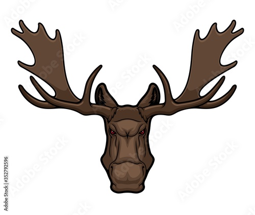 Angry elk or moose mascot with horns, isolated animal head vector icon, hunting club or sport team mascot emblem. Wild forest elk, cartoon hoofed horned mammal herbivore muzzle with red eyes