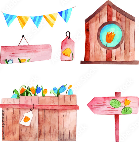 Group of Garden Objects with Floral Decoration. Watercolor Handdrawn Elements. 