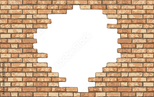 Vintage realistic broken brick wall background. Hole in flat wall texture. Yellow textured brickwork for web, design, decor, background. Vector illustration