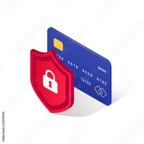 Credit card security isometric icon. Online payment protection concept. Secure transaction. 3d blue plastic card and shield with lock isolated on white background. Internet safety. Vector illustration