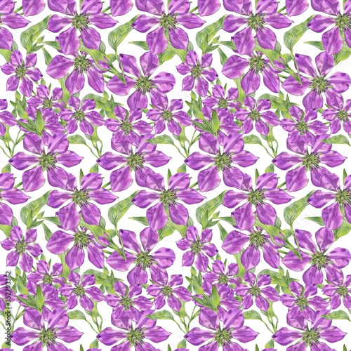 Creative composition with the image of garden flowers. Randomly located clematis on a white background. Pattern for fabric and wallpaper.