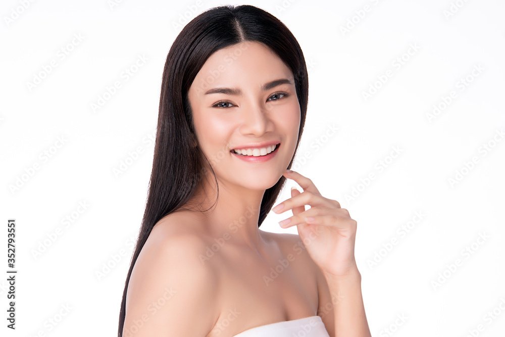 Beautiful Young Asian Woman touching her clean face with fresh Healthy Skin, isolated on white background, Beauty Cosmetics and Facial treatment Concept Beautiful Young Asian Woman touching her clean face with fresh Healthy Skin, isolated on white background, Beauty Cosmetics and Facial treatment Concept
