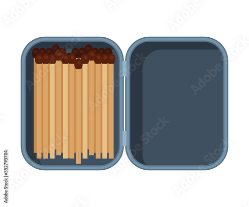Steel Opened Matchbox with Matches, Sulphur Head Match set for Bonfire, Gas Stove, Smoking Vector Illustration