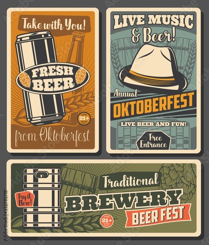 Beer and brewery, Oktoberfest craft beer fest celebration. Bavarian hat, wooden cup and barrel, malt and hop, glass bottle and jar. Alcohol drinks age restriction, tavern or pub vintage vector cards