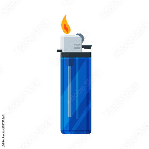 Plastic Cigarette Lighter with Fire, Flammable Smoking Equipment Vector Illustration