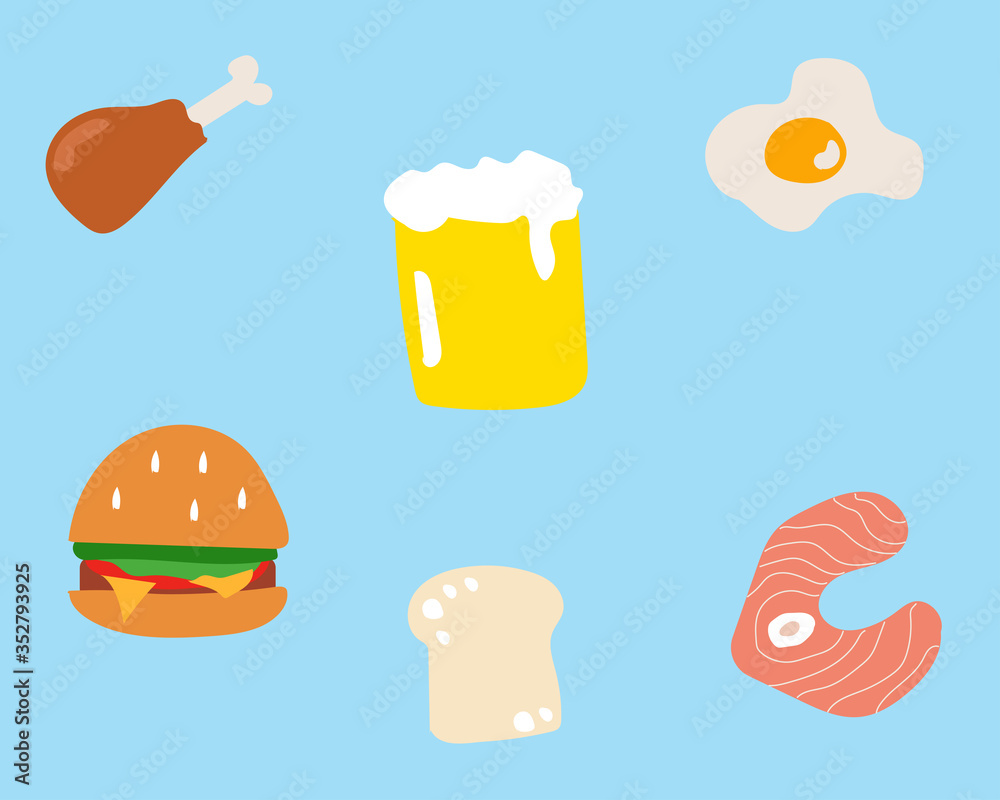 Fototapeta premium Cute and kawaii cartoon vector: hamburger, beer, fish, bread, fried egg, fried chicken on bright color background for your design.