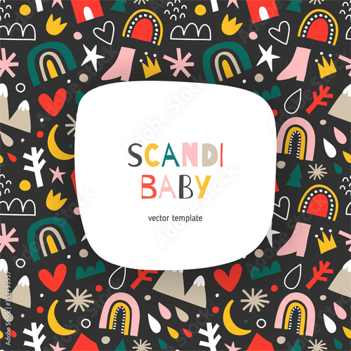 Scandi baby template with copy space, abstract doodle shape illustration, vector background with place for your text, good for card, baby shower invitation or brochure cover, nordic design