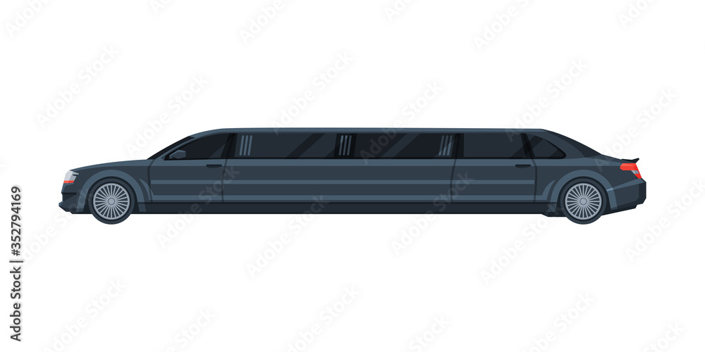 Black Limousine, Elegant Premium Luxurious Vehicle, Side View Flat Vector Illustration