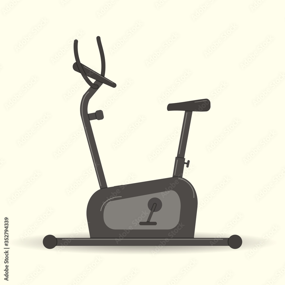 Gym equipment: exercise bike for playing sports.Velosimulator for sporting. Vector graphic illustration. Sport training apparatus: stationary bike isolated on light background Gym equipment: exercise bike for playing sports.Velosimulator for sporting. Vector graphic illustration. Sport training apparatus: stationary bike isolated on light background