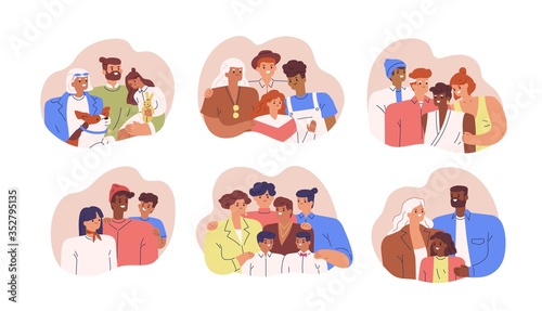 Set of various diverse happy family portrait vector flat illustration. Collection of different multinational parents, children, grandmother and grandfather posing together isolated on white
