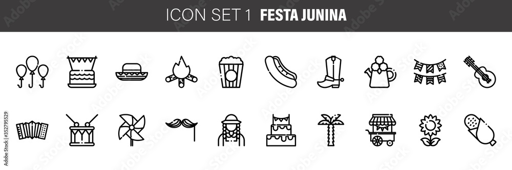 Set of Brazilian Traditional Celebration Festa Junina Icons Collection. Portuguese Brazilian. Festa de Sao Joao. Festive Vector, Thin Line Style