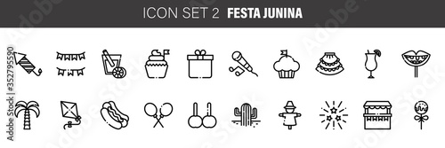 Set of Brazilian Traditional Celebration Festa Junina Icons Collection. Portuguese Brazilian. Festa de Sao Joao. Festive Vector, Thin Line Style