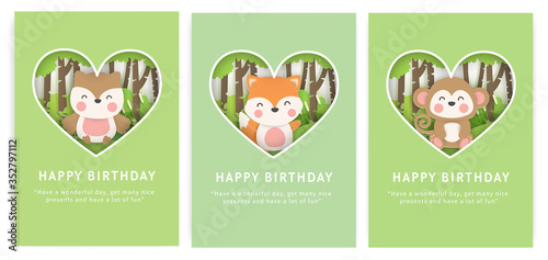 Set of birthday cards with cute owl,fox and monkey in the forest in paper cut style.