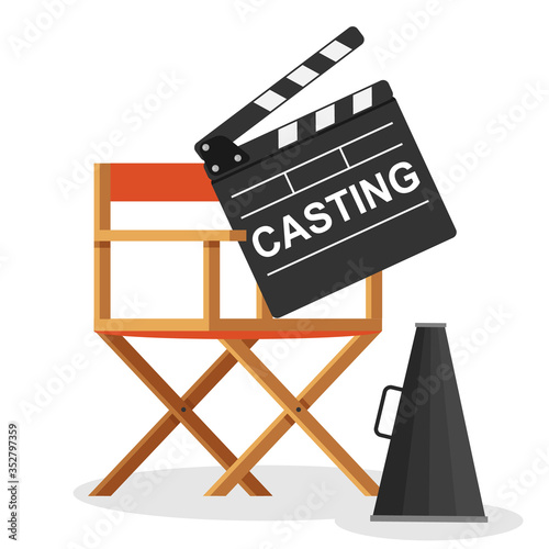 Casting, casting. A sign with the inscription casting lies on the director's chair. Vector illustration.