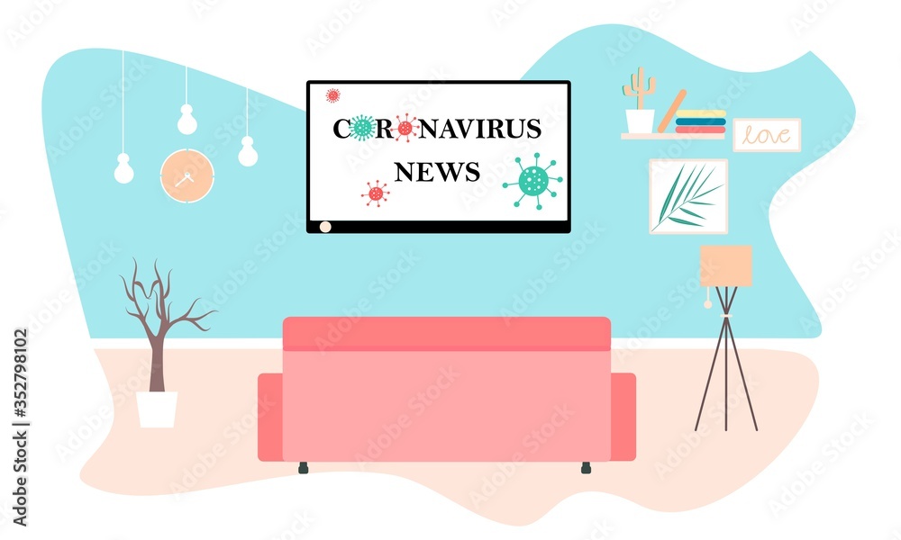 FIat illustration depicting news on tv at home. Stay at home and catching up on news about coronavirus. Monitor the situation in the world. Isolation at home. Landing page colorful vector illustration