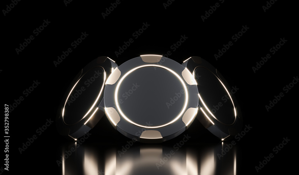 Casino chips on black. Casino game 3D chips. Online casino background banner or casino logo. Black and gold chips. Gambling concept, poker mobile app icon. 3D rendering.
