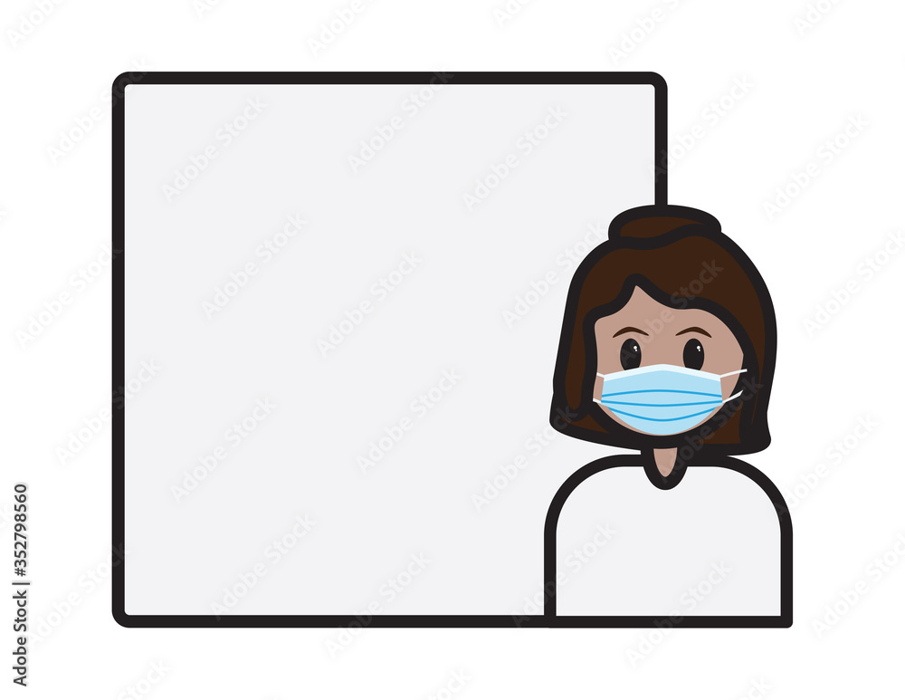 Girl  wearing surgical mask with blank frame on the background