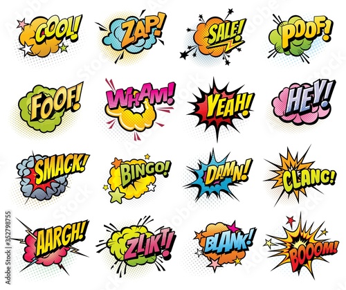 Comics speech bubbles and sound blast isolated vector icons set. Cartoon pop art bubbles of boom, bingo or bang sounds. Yeah or cool and zap, sale, damn and clang comics blast explosions and flash