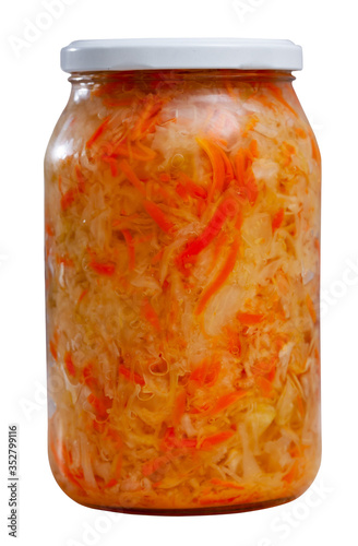 Glass jar with shredded fermented cabbage