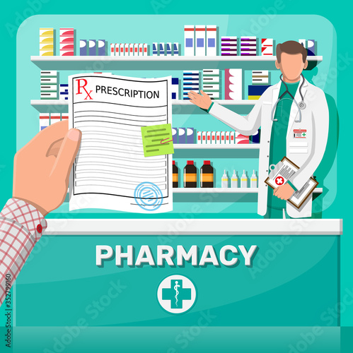 Modern interior of pharmacy and male pharmacist. Medicine pills capsules bottles vitamins and tablets. Drugstore showcase. Shelves with medicines. Medical drug, healthcare. Flat vector illustration