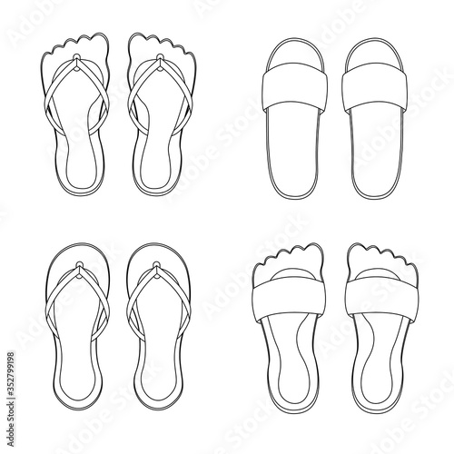 Set of vector beach slippers or flip flops icons isolated on white background